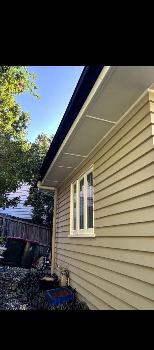 House exterior after washing — clean eaves and bright weatherboard